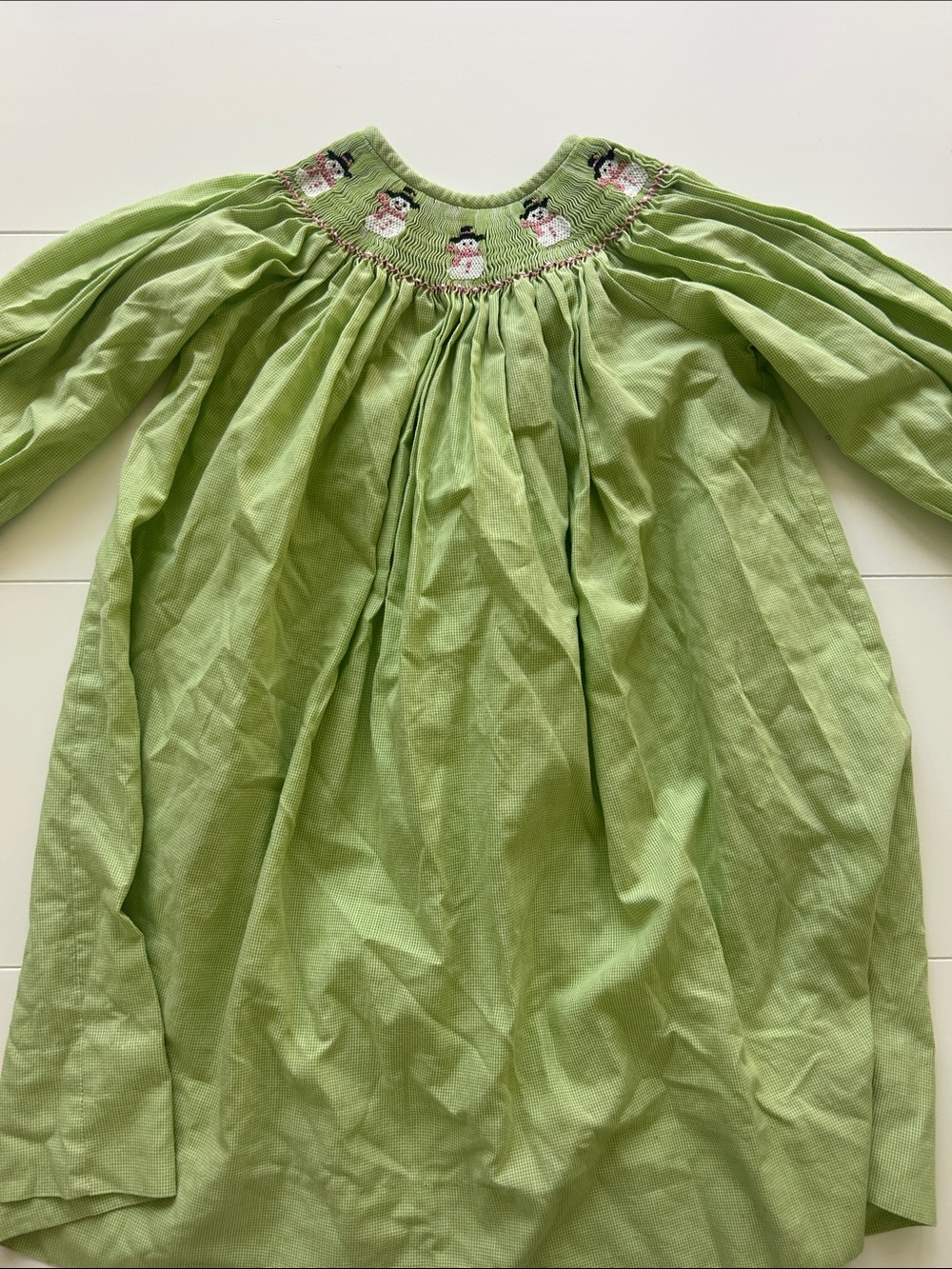 Girls' Smocked Long-Sleeve Dress Top in Light Green with Snowman Embroidery